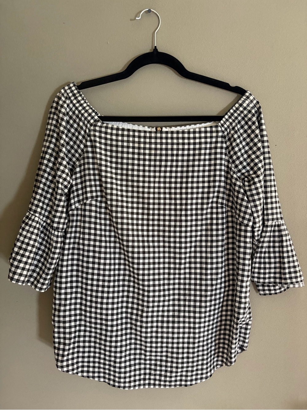 WHBM Blouse White House Black Market Gingham Square Neck Bell Sleeve Cottagecore - Picture 2 of 14